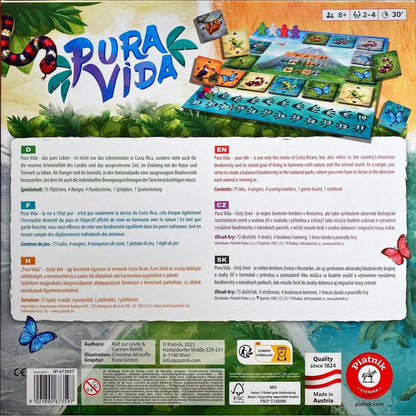 Pura Vida board game box back showing gameplay setup wildlife tiles and game details