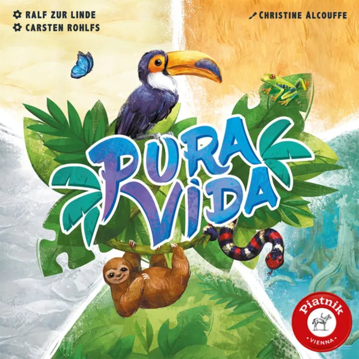 Pura Vida tile-laying board game cover featuring a toucan sloth snake frog and butterfly