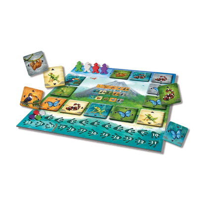 Pura Vida board game setup showing wildlife tiles rangers score markers and national park board