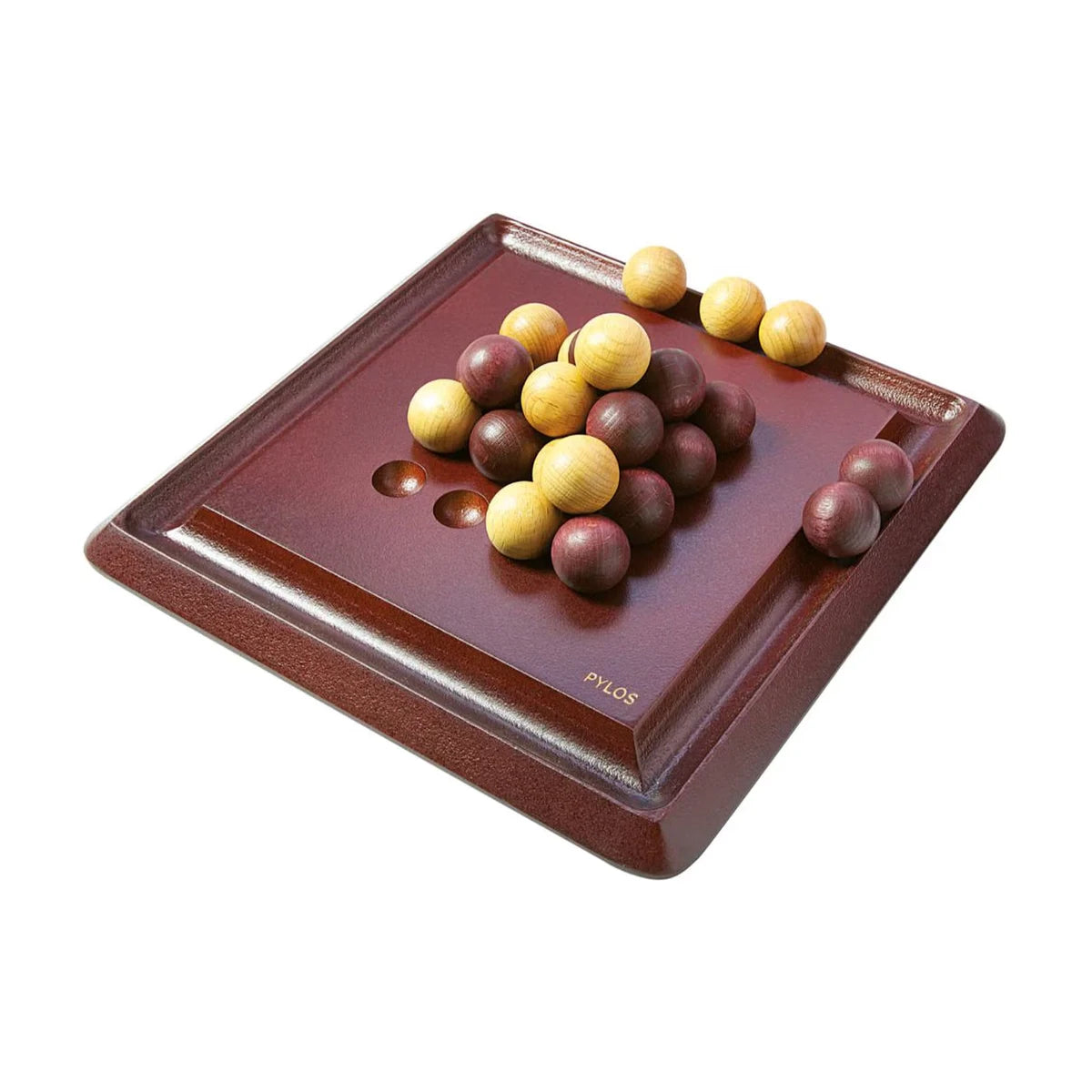 Pylos wooden strategy game with light and dark spheres forming a pyramid on the game board