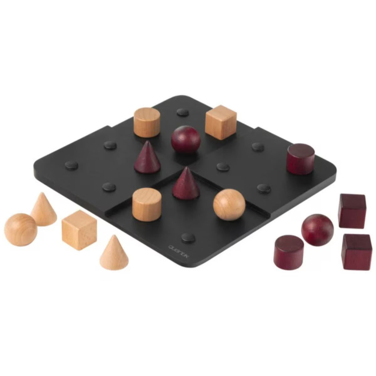 Quantik abstract strategy board game with wooden pieces on black board