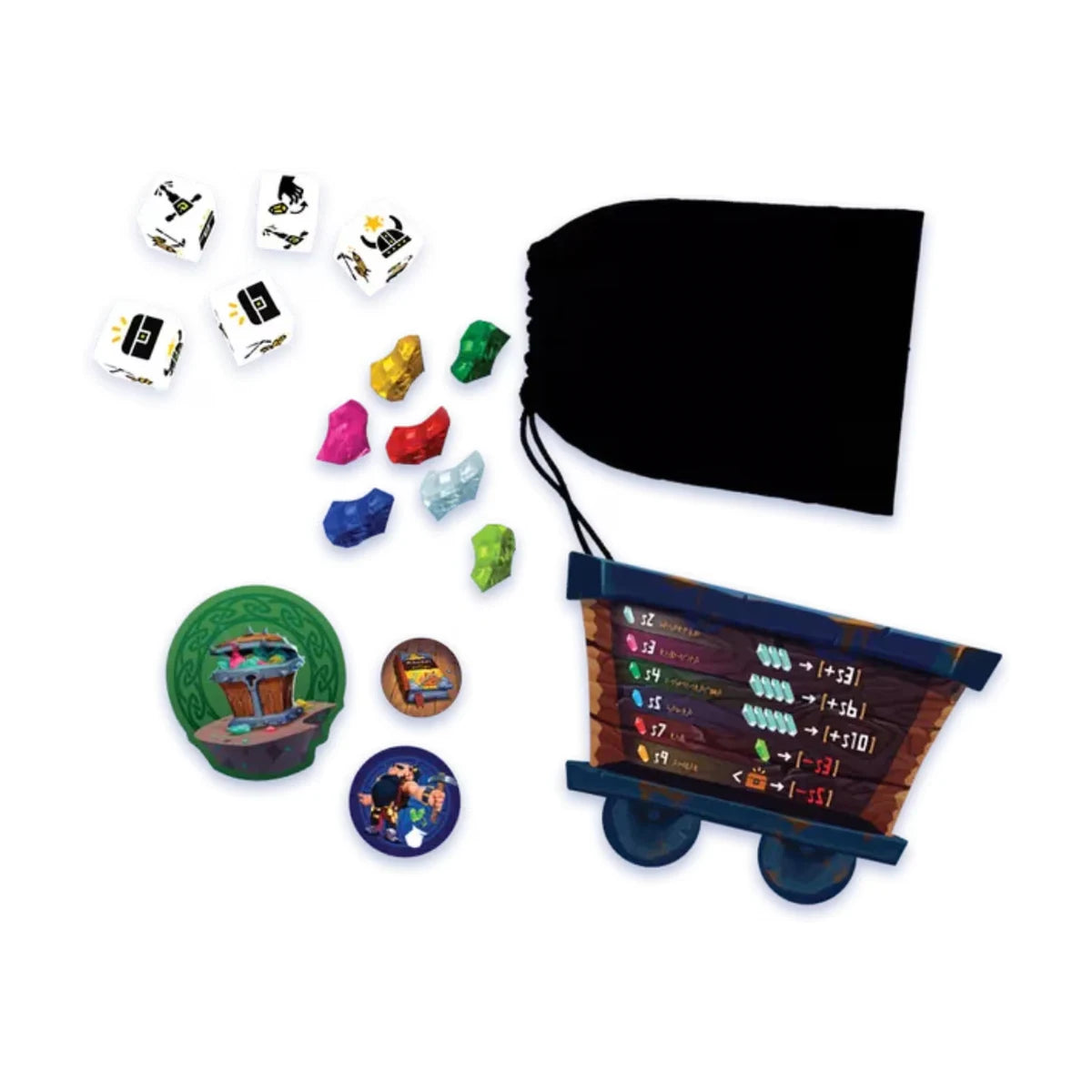 Quartz The Dice Game components with crystals dice bag and player boards