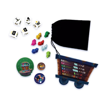 Quartz The Dice Game components with crystals dice bag and player boards