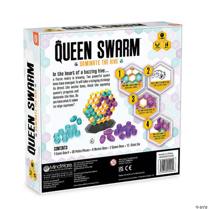 Queen Swarm board game back of box showing gameplay and contents