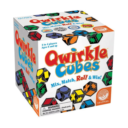 Qwirkle Cubes tile game box with colourful shape cubes and family strategy game branding