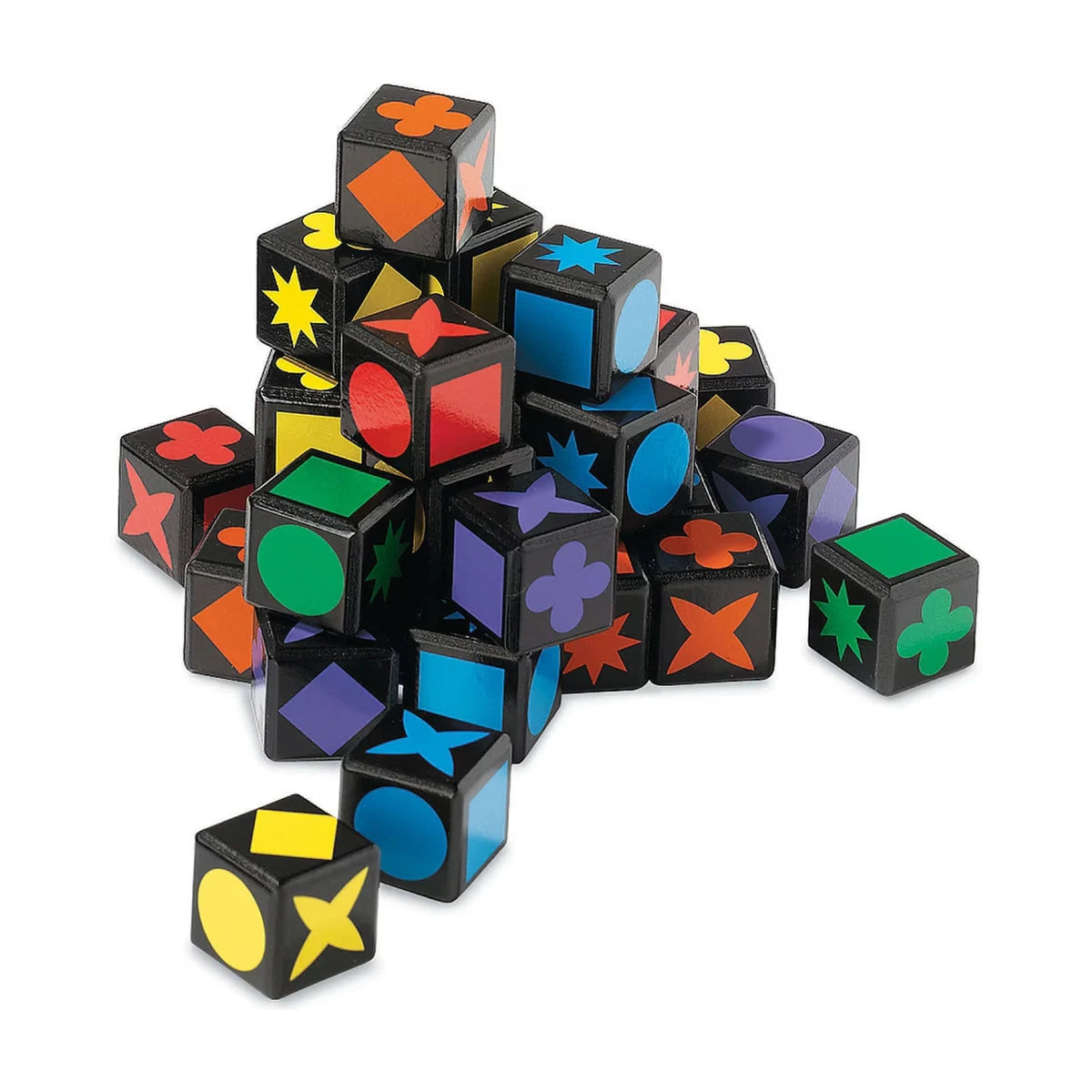 Qwirkle Cubes game pieces with colourful shape cubes for matching and strategy play
