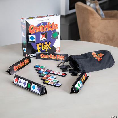 Qwirkle Flex board game set up on a table with tiles racks and bag