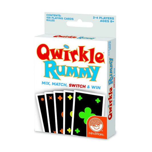 Qwirkle Rummy card game box front showing the travel-sized family matching game for 2 to 4 players ages 8 plus