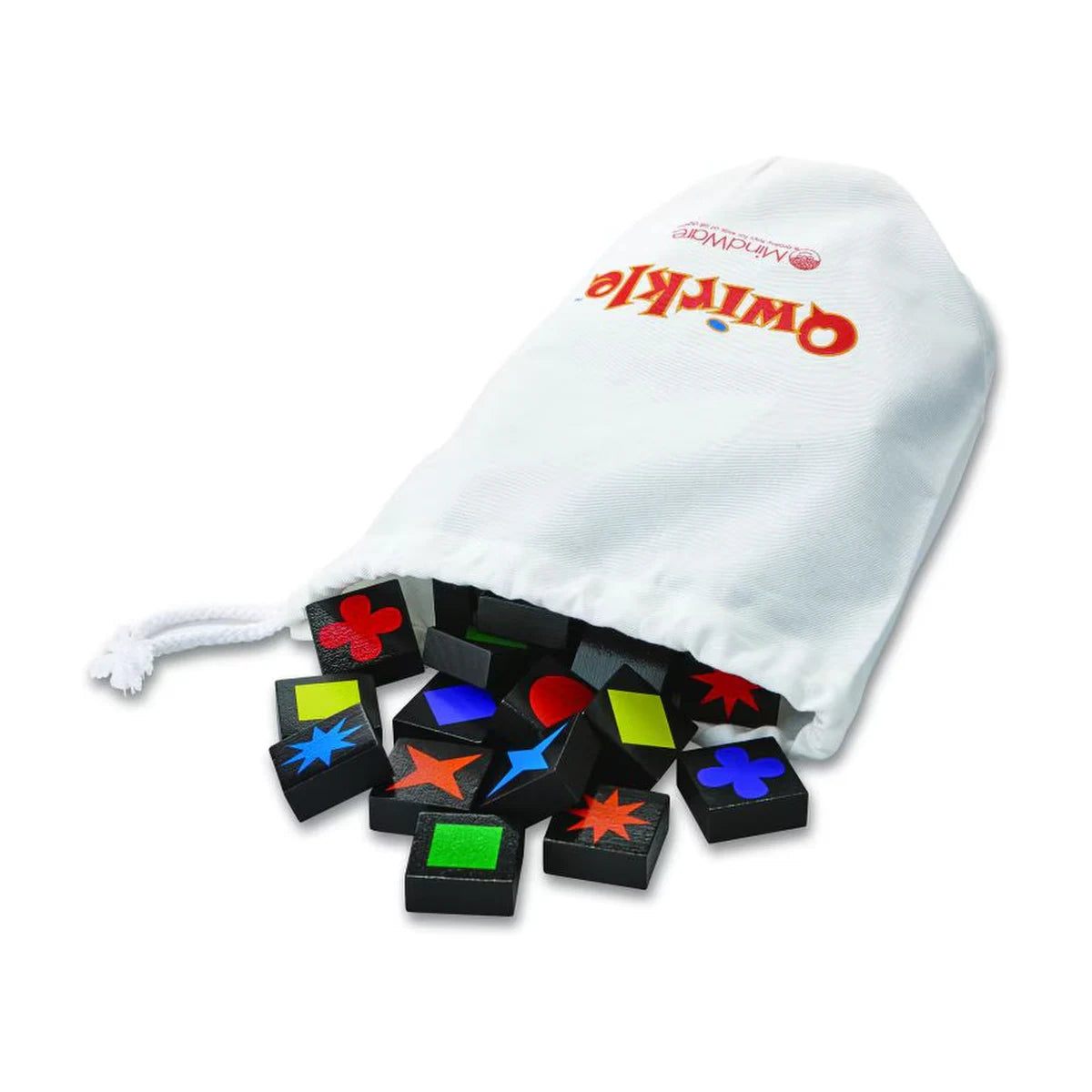 Qwirkle drawstring tile bag with game tiles spilling out