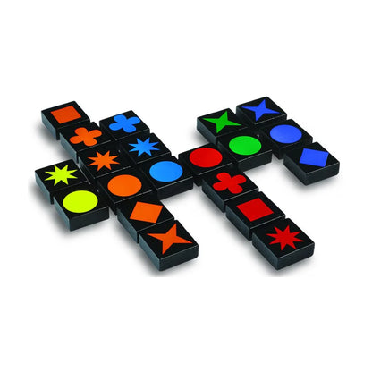 Qwirkle game tiles arranged in matching colour and shape lines