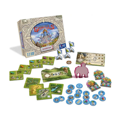 Rajas of the Ganges Goodie Box 2 expansion components with Holi tiles Sacred Cows river tiles flags and Pink Elephant