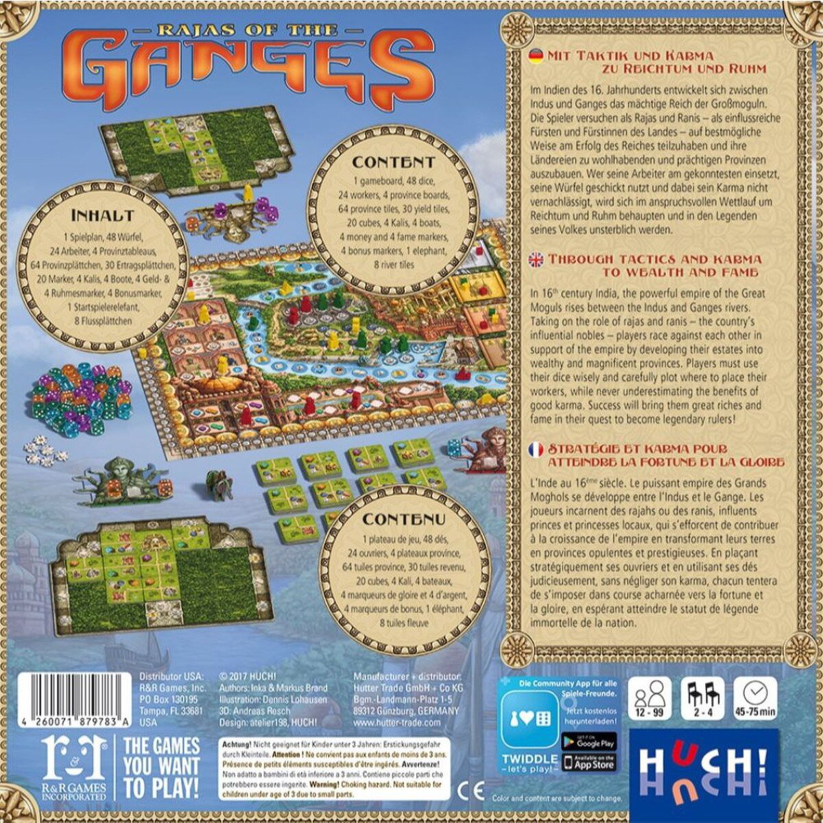 Rajas of the Ganges board game box back showing components gameplay and game information