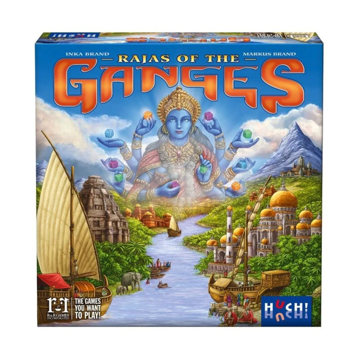 Rajas of the Ganges strategy board game box featuring Indian landscapes buildings river and colourful dice