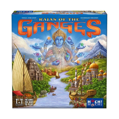 Rajas of the Ganges strategy board game box featuring Indian landscapes buildings river and colourful dice