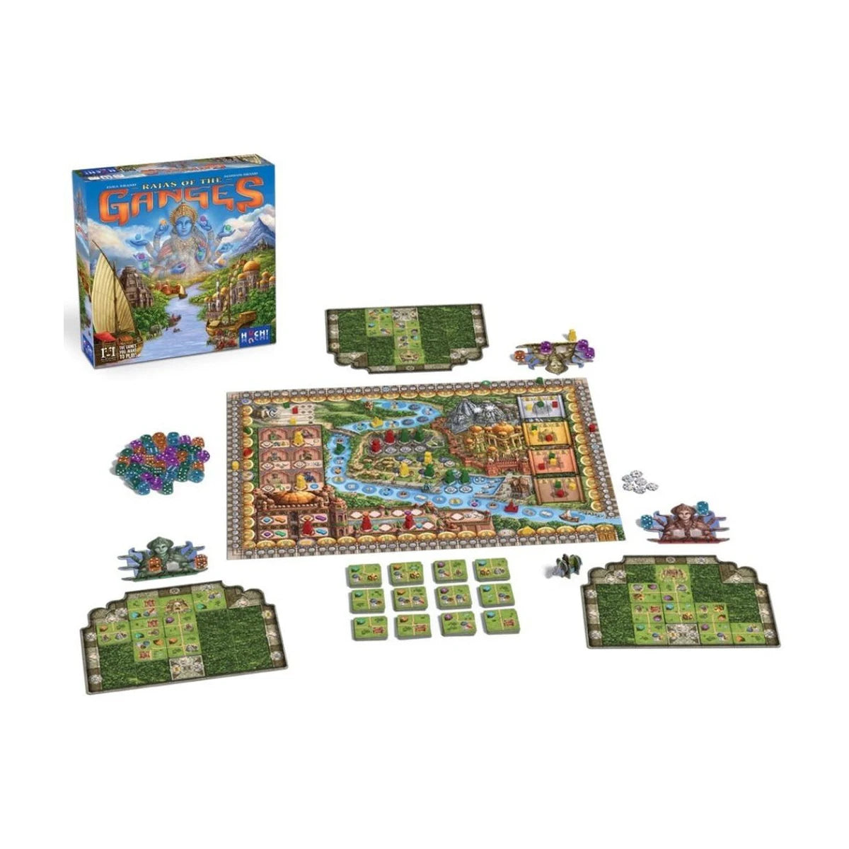 Rajas of the Ganges board game components with game board province boards dice workers tiles boats and markers