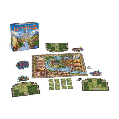 Rajas of the Ganges board game components with game board province boards dice workers tiles boats and markers
