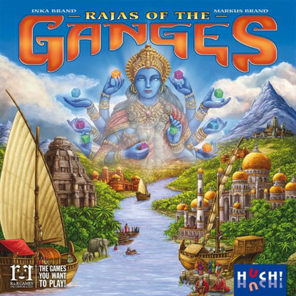 Rajas of the Ganges board game cover art showing river landscapes buildings boats and colourful dice