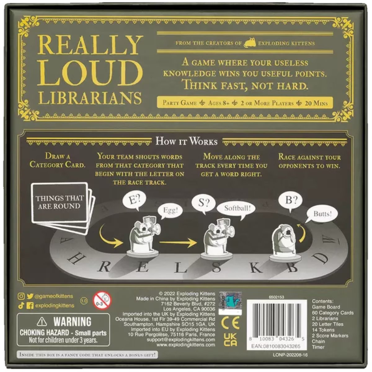 Really Loud Librarians board game back box showing how to play with category cards, shouting words and racing around the board