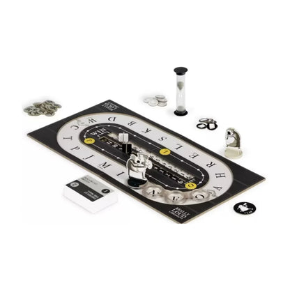 Really Loud Librarians board game components setup with game board, timer, letter tiles, tokens and librarian pieces for team word play