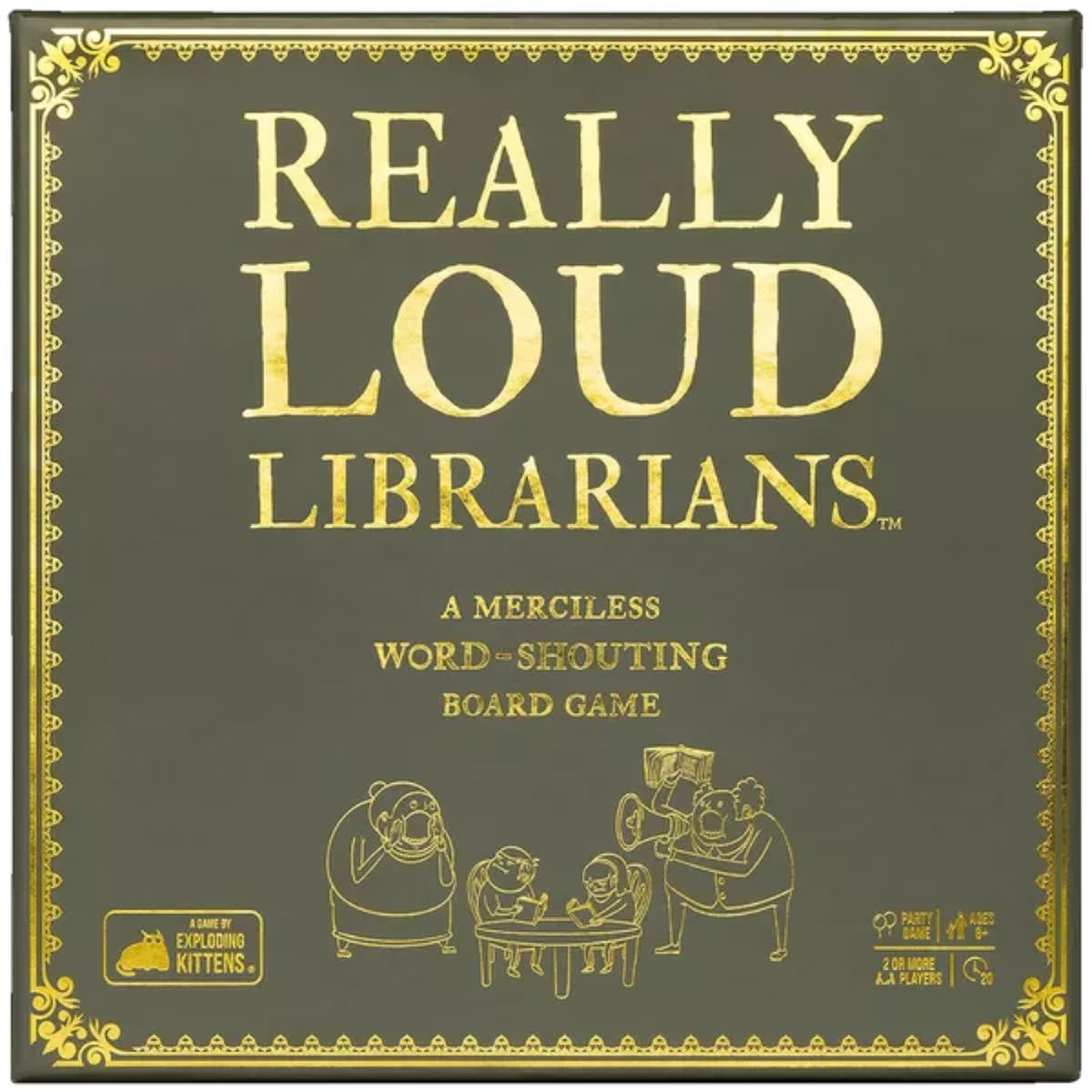 Really Loud Librarians board game front box showing gold library-style artwork for a fast party word game by Exploding Kittens