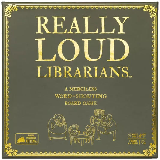 Really Loud Librarians board game front box showing gold library-style artwork for a fast party word game by Exploding Kittens