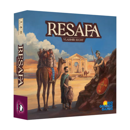 Resafa board game box front showing ancient desert caravan artwork
