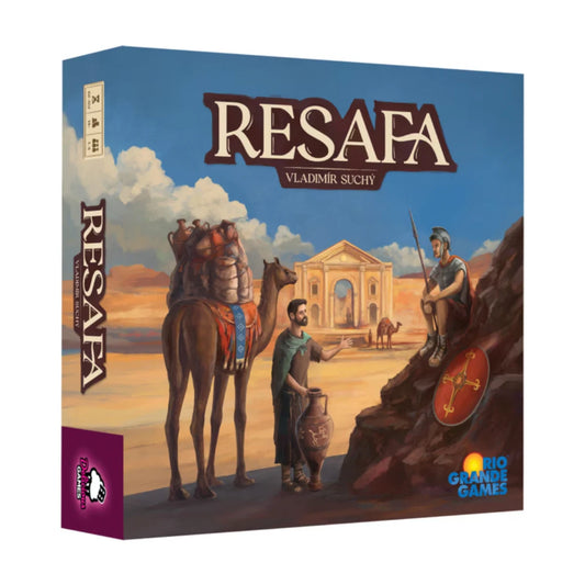 Resafa board game box front showing ancient desert caravan artwork