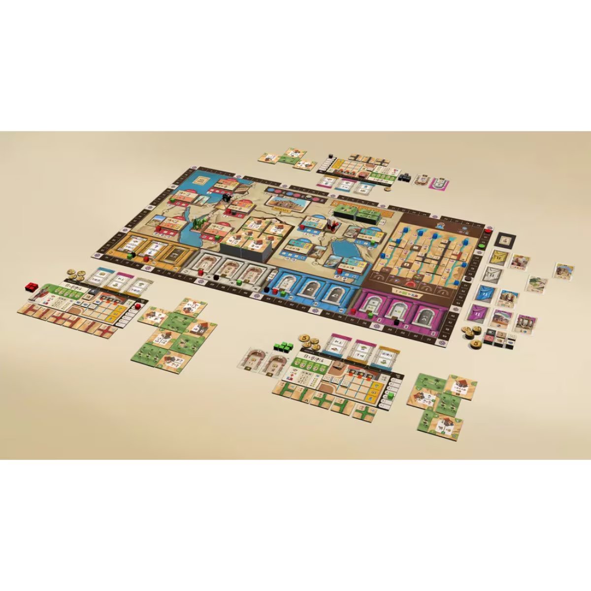 Resafa board game components and board layout showing cards tiles and player areas