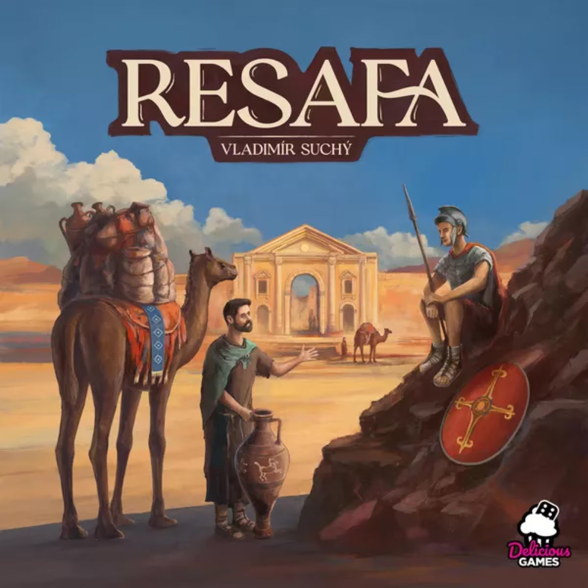 Resafa board game cover art with camel and ancient desert outpost