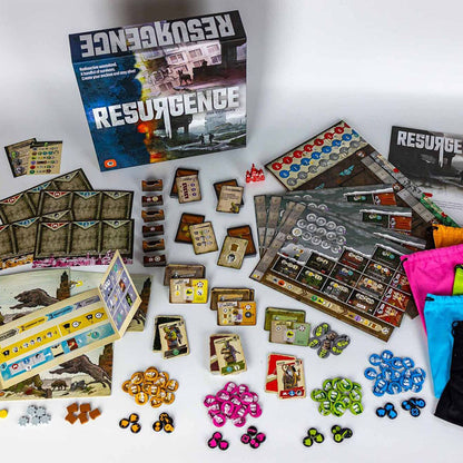 Resurgence board game components with cards player boards tokens and draw bags