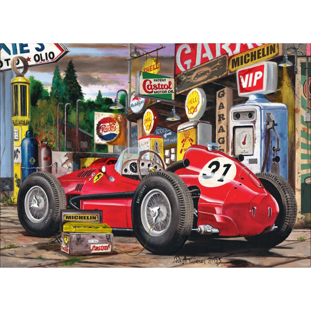 Completed Retro Racer 1500pc jigsaw puzzle artwork with vintage race car petrol pumps and garage signs