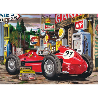 Completed Retro Racer 1500pc jigsaw puzzle artwork with vintage race car petrol pumps and garage signs