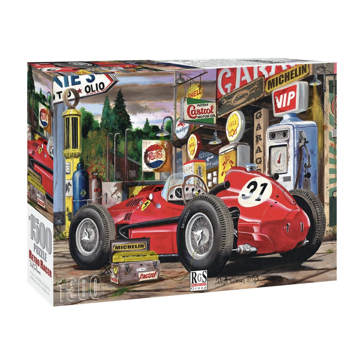 Retro Racer Jigsaw Puzzle 1500pc box featuring classic red vintage racing car outside repair garage