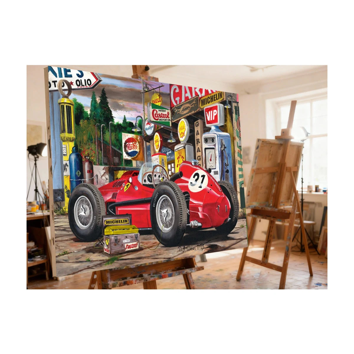 Retro Racer 1500pc jigsaw puzzle artwork displayed on an easel in an artist studio setting