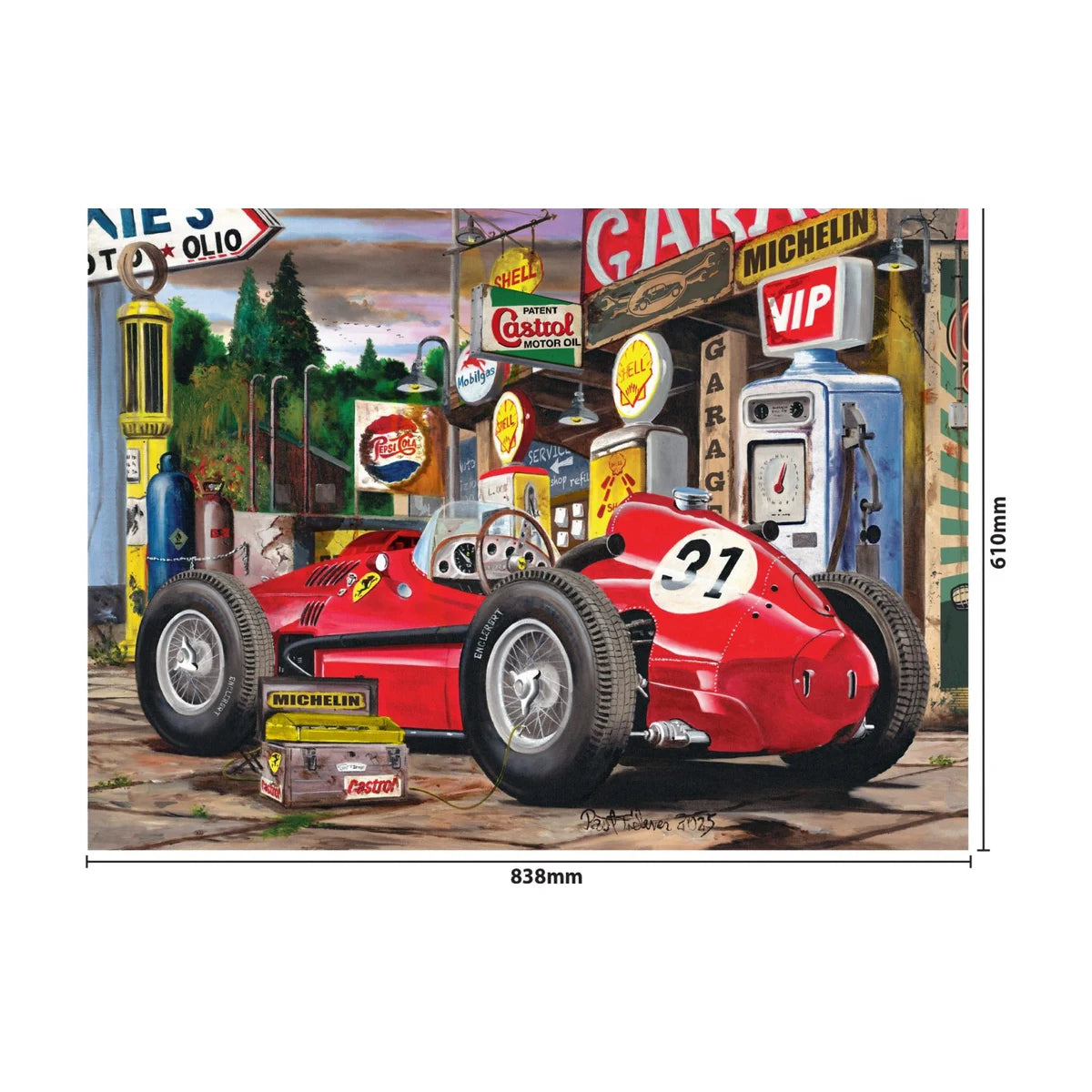 Retro Racer Jigsaw Puzzle 1500pc size guide showing completed puzzle size 838 x 610mm