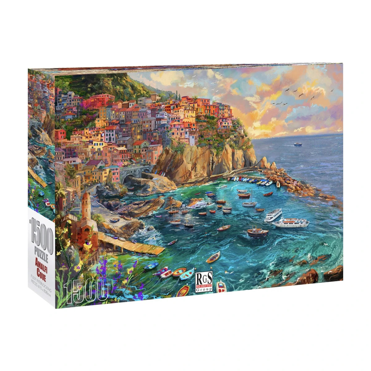 RGS Amalfi Cove 1500 piece puzzle box packaging showing the finished coastal harbour scene