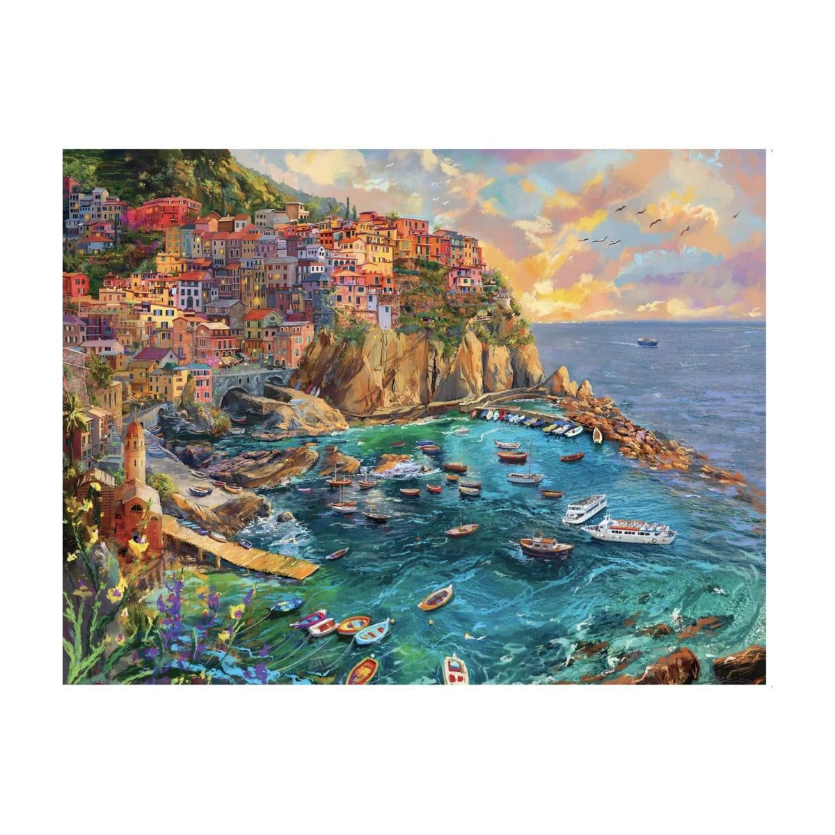 RGS Amalfi Cove 1500 piece jigsaw puzzle artwork showing colourful cliffside homes and boats in a coastal harbour