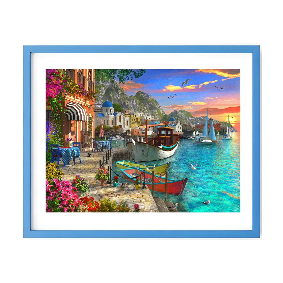 Framed RGS Aqua Marine 1500 piece puzzle wall art coastal harbour sunset scene