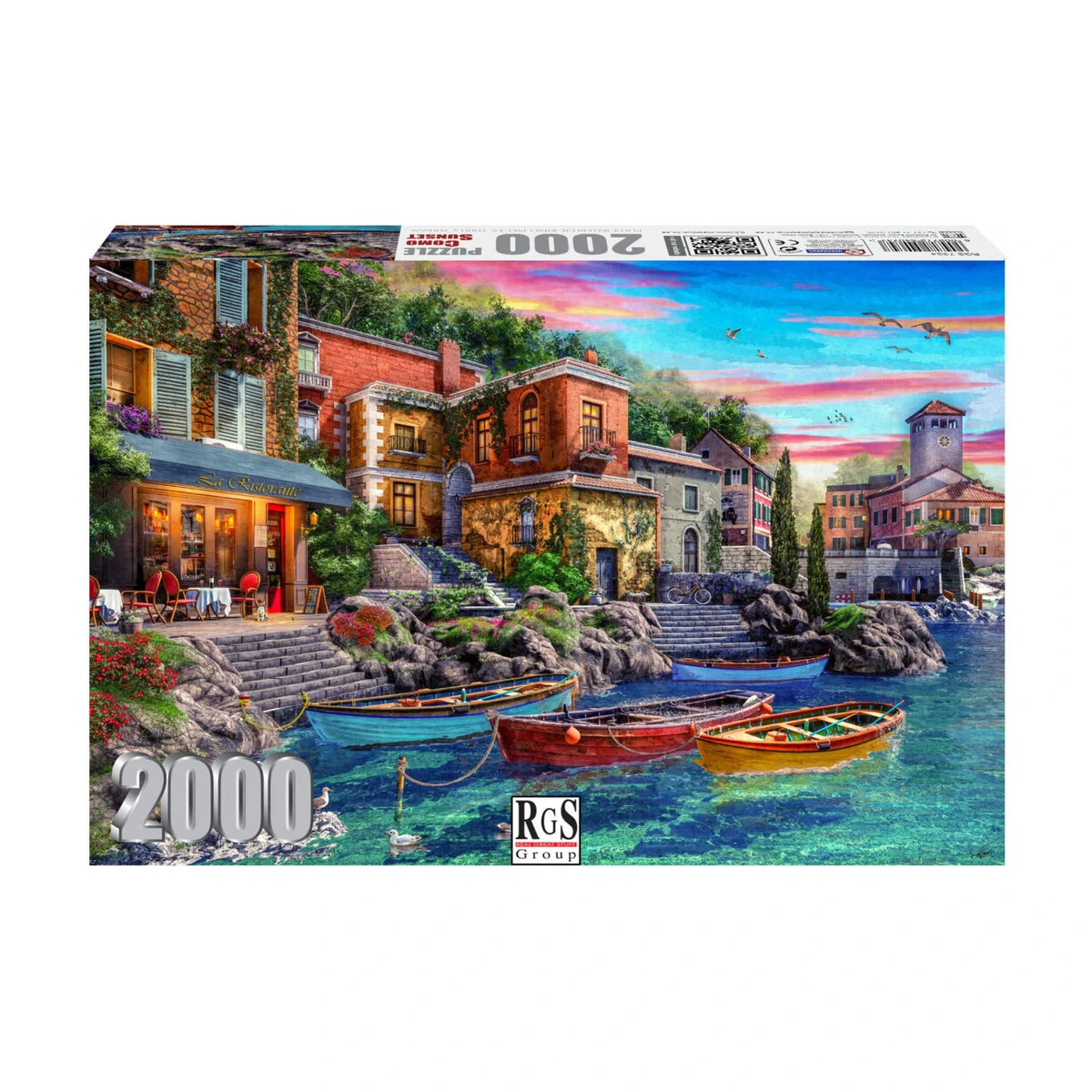 RGS Como Sunset 2000 piece jigsaw puzzle box showing lakefront cafe terrace boats and colourful buildings finished size 1000 by 700mm