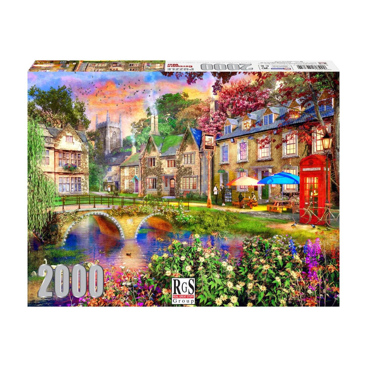 RGS Cotswold Way 2000pc jigsaw puzzle box front showing sunset village artwork