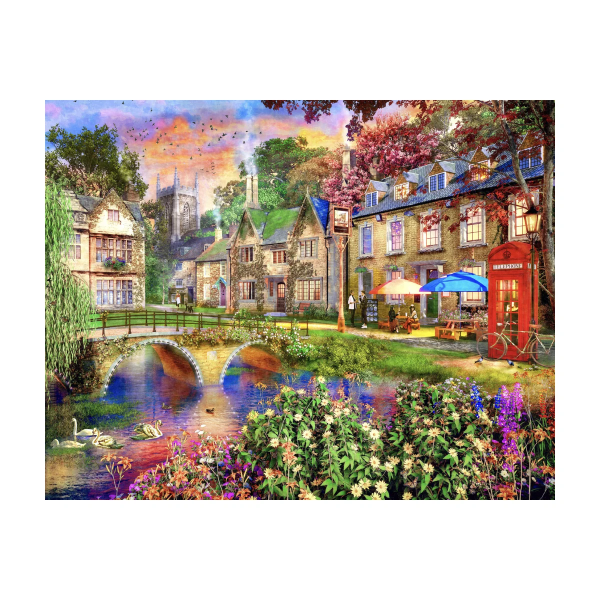 RGS Cotswold Way 2000 piece jigsaw puzzle artwork studio image sunset village scene with bridge swans and flowers