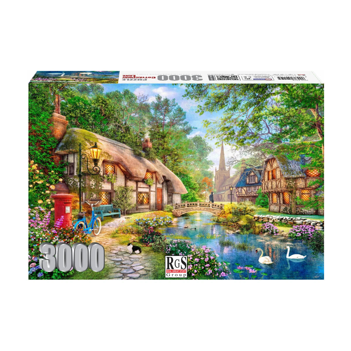RGS Cottageway Lane 3000 piece jigsaw puzzle box showing peaceful countryside cottages river bridge and swans finished size 1150 by 820mm