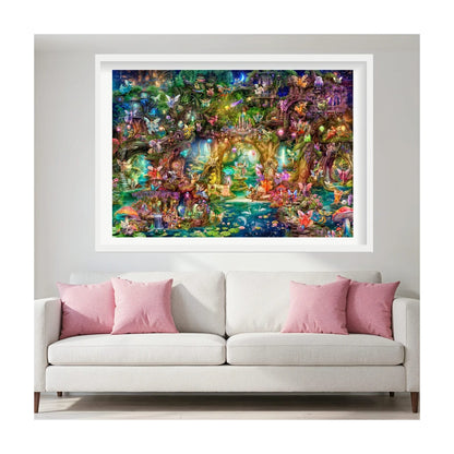 Framed Enchanted Forest of the Fairies 3000pc puzzle wall art lifestyle scene showing finished colourful fantasy image