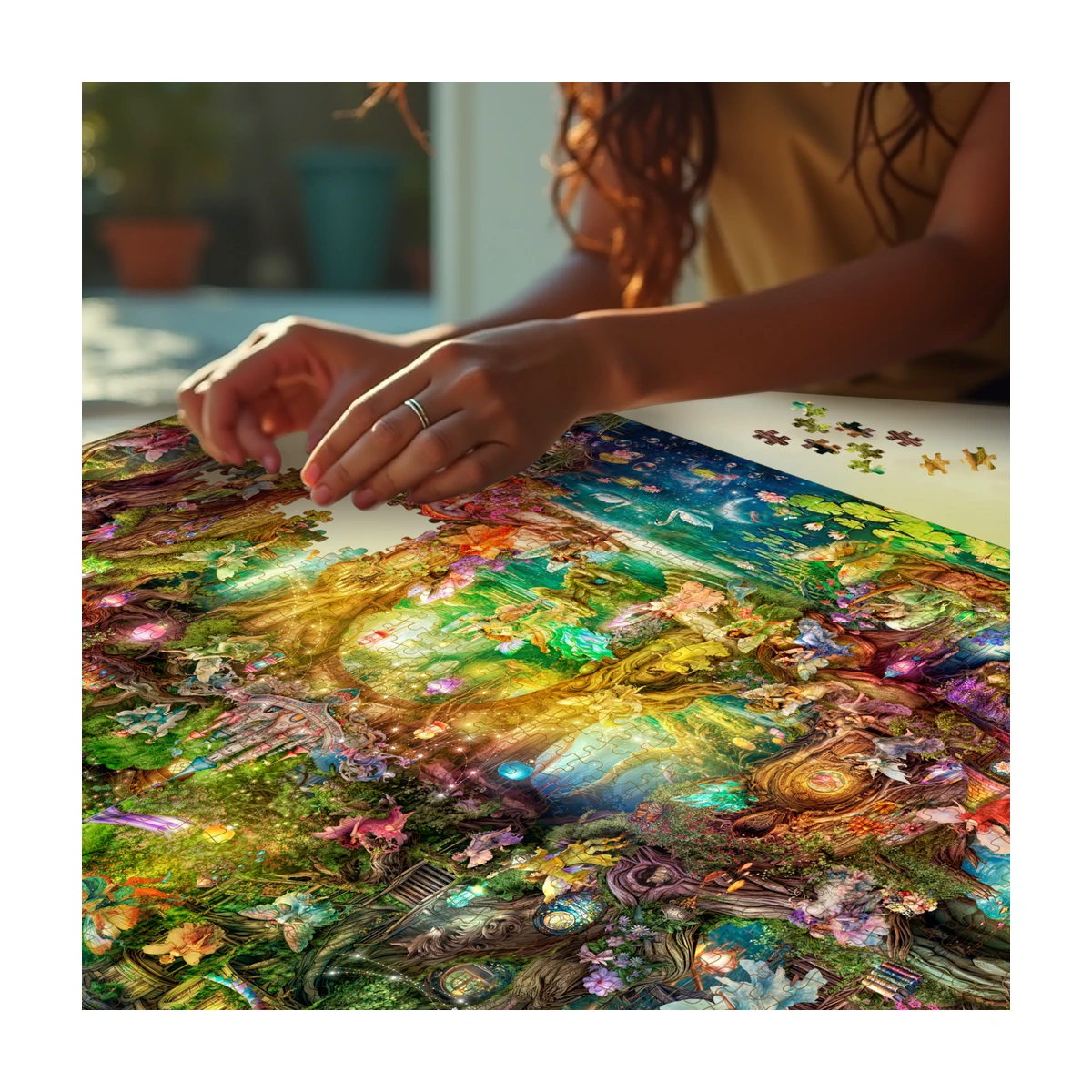 Hands assembling RGS Enchanted Forest of the Fairies 3000 piece puzzle showing soft touch satin finish and fine details
