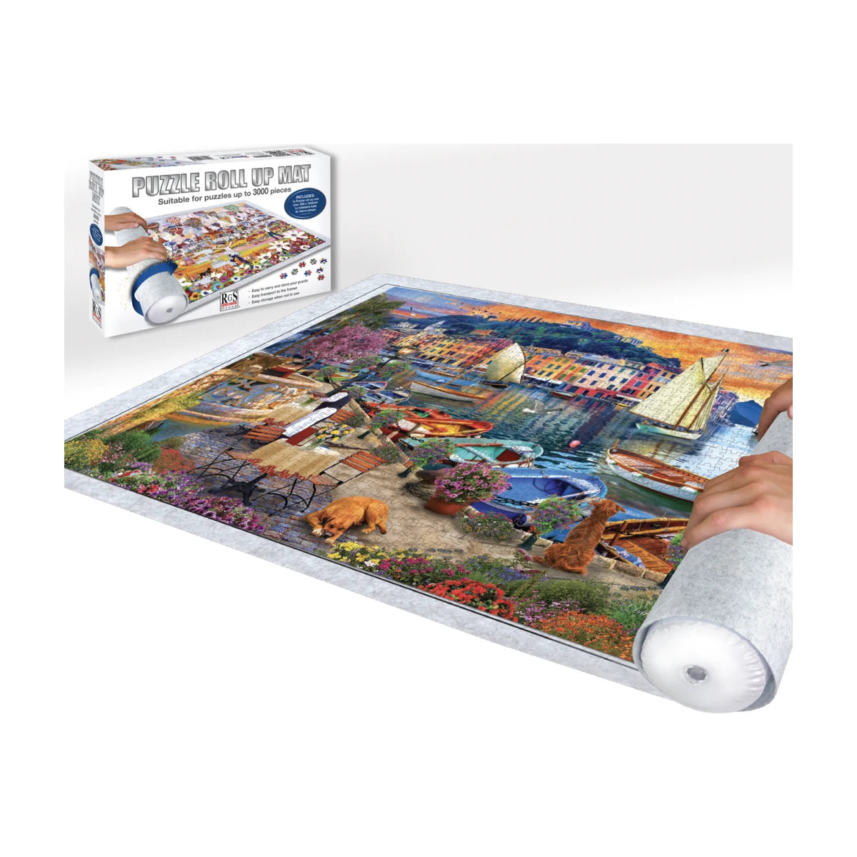 Portofino harbour 3000pc jigsaw puzzle in use rolled on puzzle mat for storage