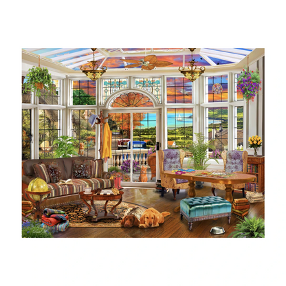 RGS Garden Room 1500 piece jigsaw puzzle studio image showing cozy sunroom scene