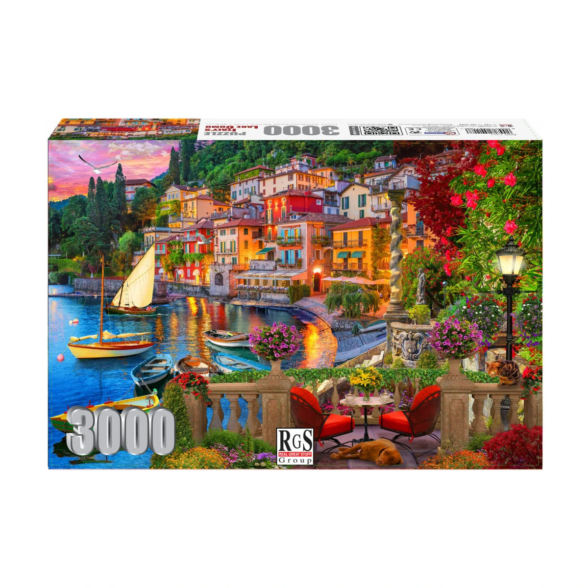 RGS Italy’s Lake Como 3000 piece jigsaw puzzle box showing vibrant sunset lakeside village scene finished size 1150 by 820mm