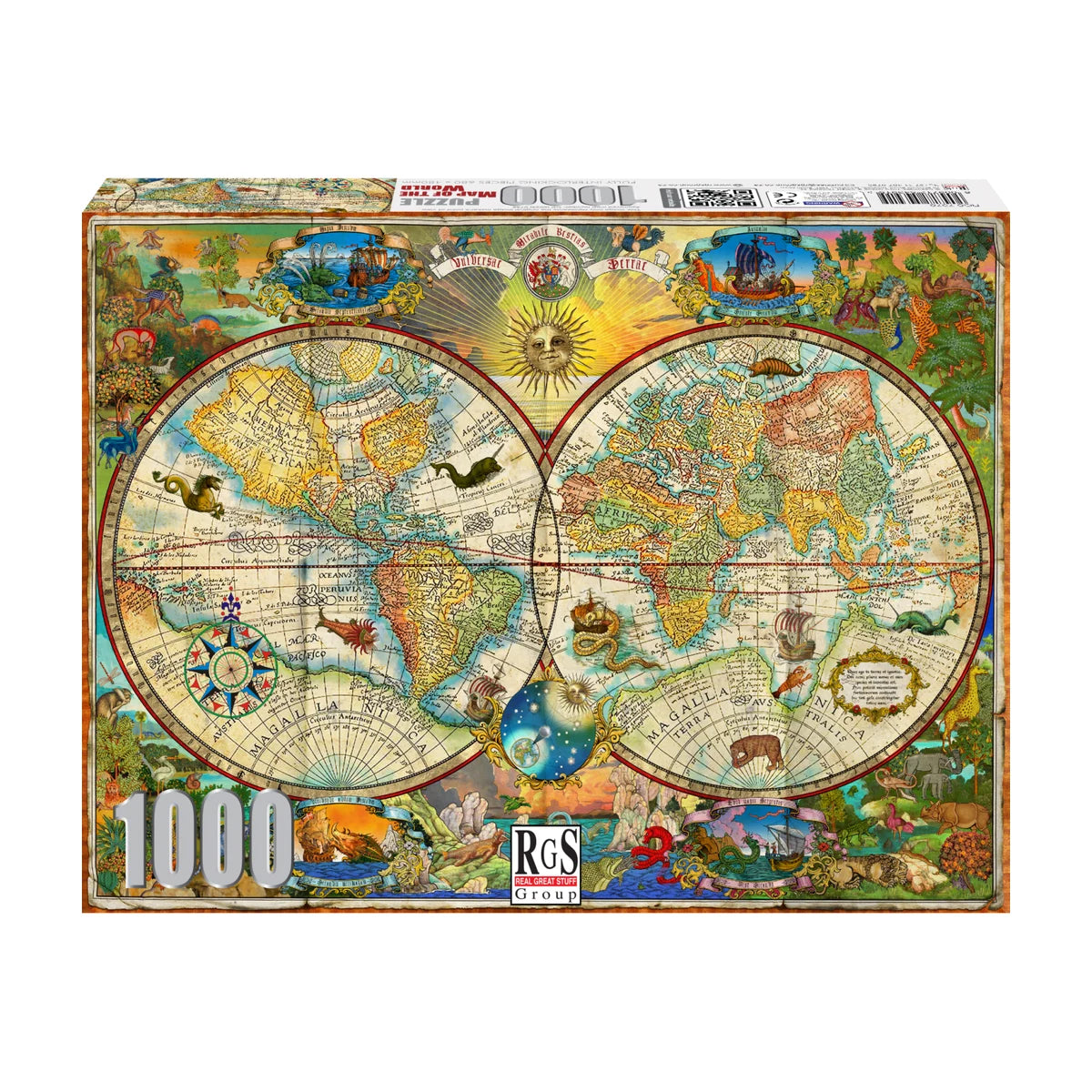 RGS Map of the World 1000 piece jigsaw puzzle box front showing vintage world map design
