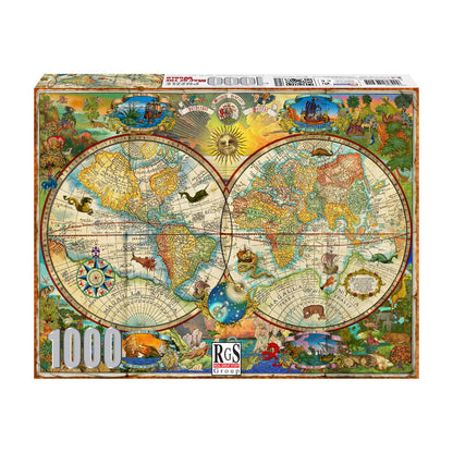 RGS Map of the World 1000 piece jigsaw puzzle box front showing vintage world map design