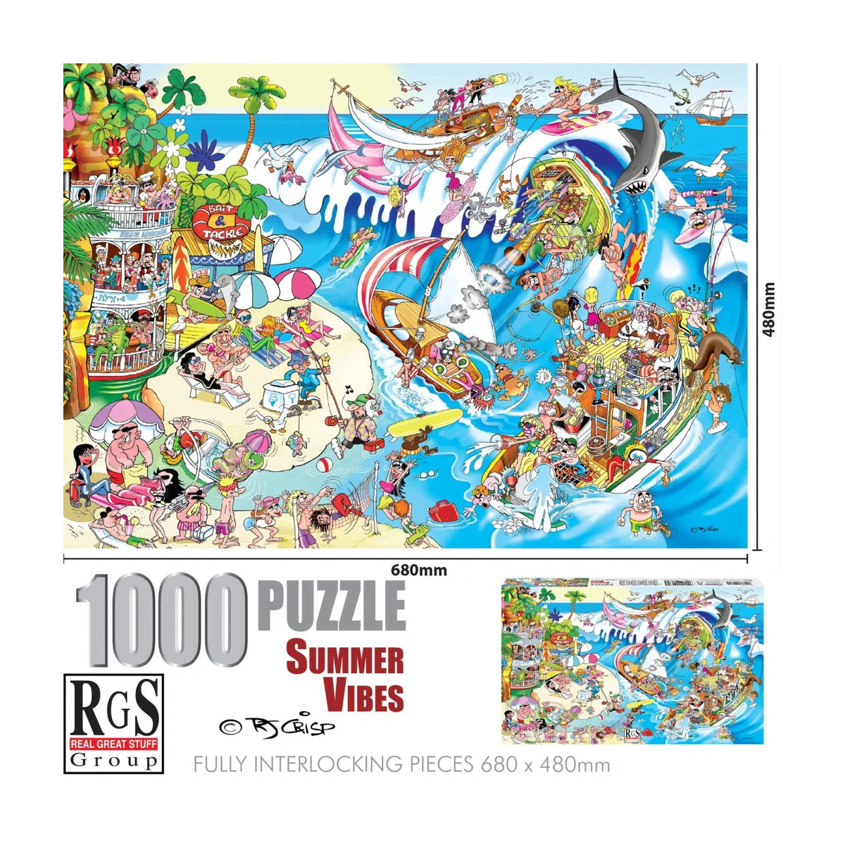 RGS Summer Vibes 1000 piece jigsaw puzzle dimensions showing finished size 680 x 480mm